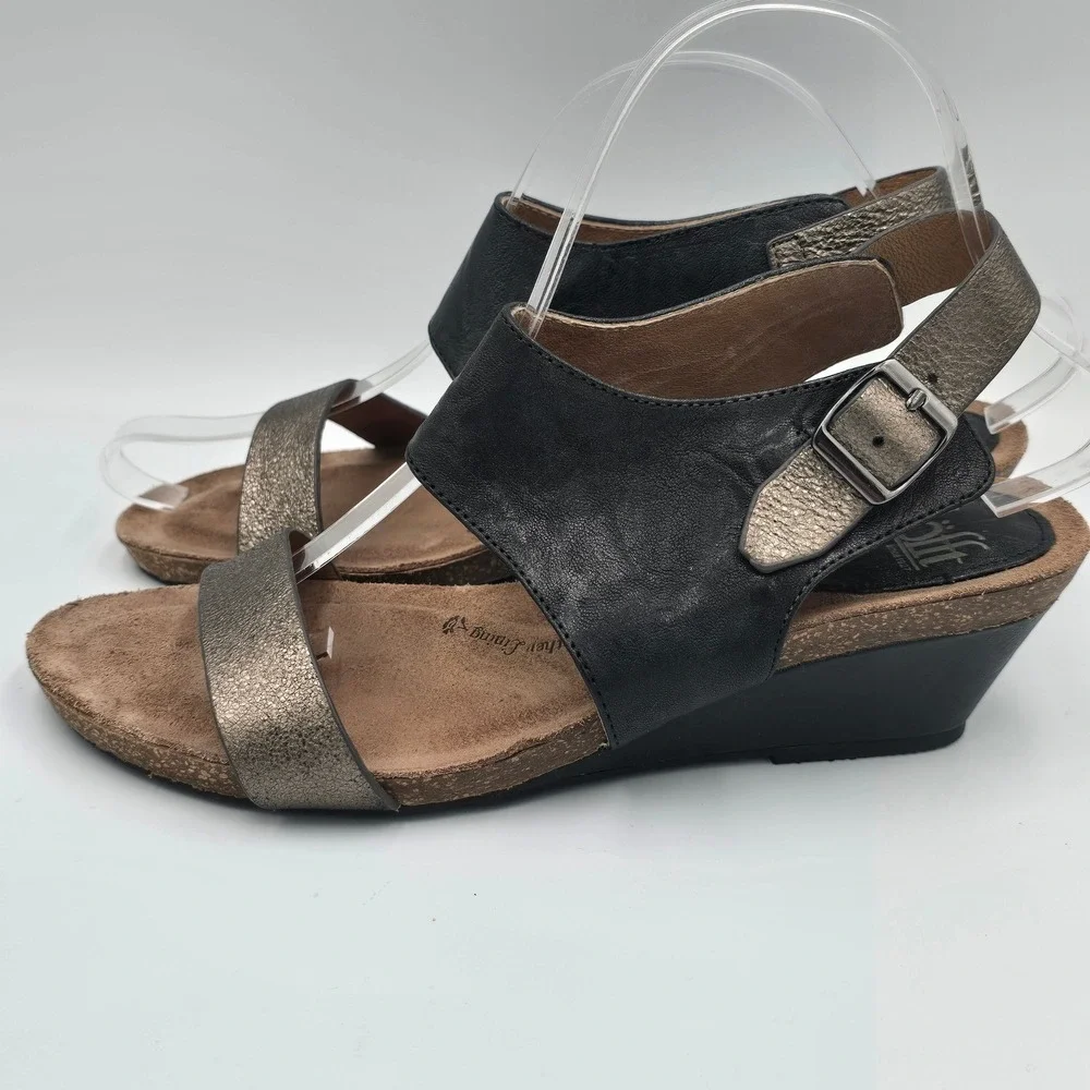 Sofft‎ Vanita Womens 7.5M Black Bronze Leather Wedge Sandals Buckle Slingback